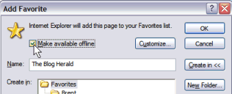 Internet Explorer Save Favorite Web Page for offline viewing