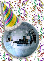 Blog birthday - mirror ball wears party hat