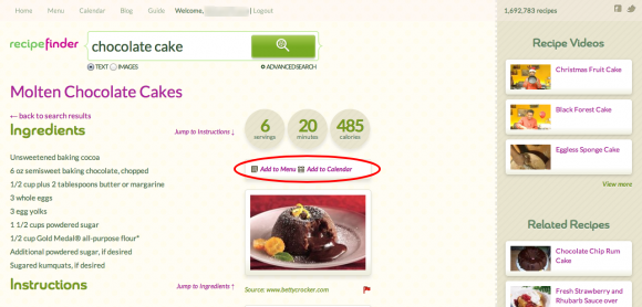 Menu and Calendar Recipe Finder meal planning features
