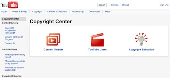 YouTube Copyright Center Screenshot
