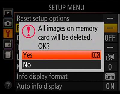 Format an SD Card on a Nikon setup menu confirm