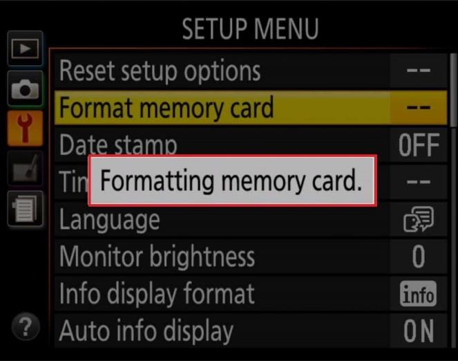 Format an SD Card on a Nikon setup menu