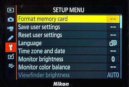 Format an SD Card on a Nikon setup menu