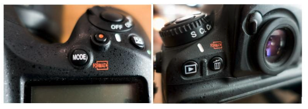 Nikon D800 Camera with Mode button and Delete Button.